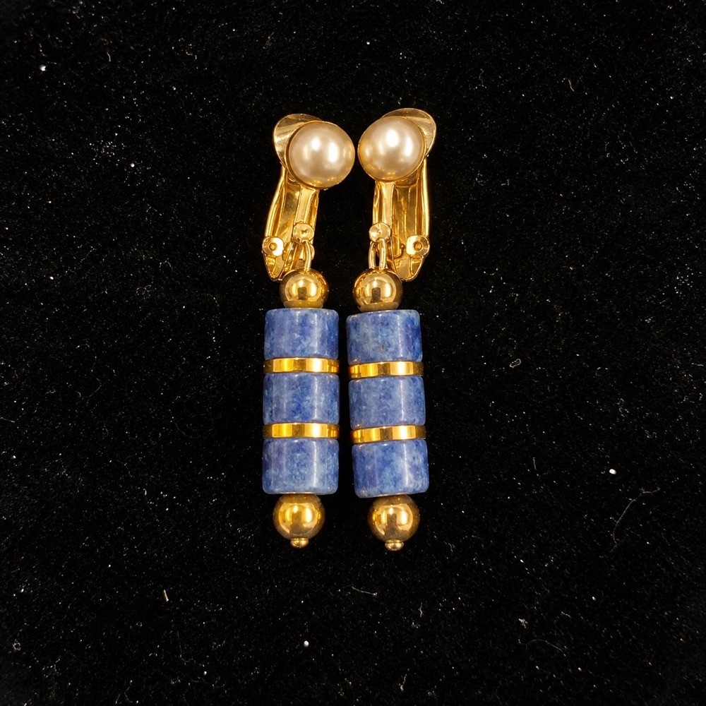 Vtg Sodalite Blue Stone Dangle Clip On Earrings Gold Tone Statement Jewelry
